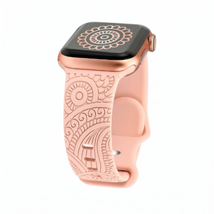 GrunX Barbie Pink Engraved Floral Silicone Apple Watch Band – Boho Mandala Paisley Pattern with Rose Gold Buckle, Cute Aesthetic Strap for Apple Watch Series 9 8 7 6 SE