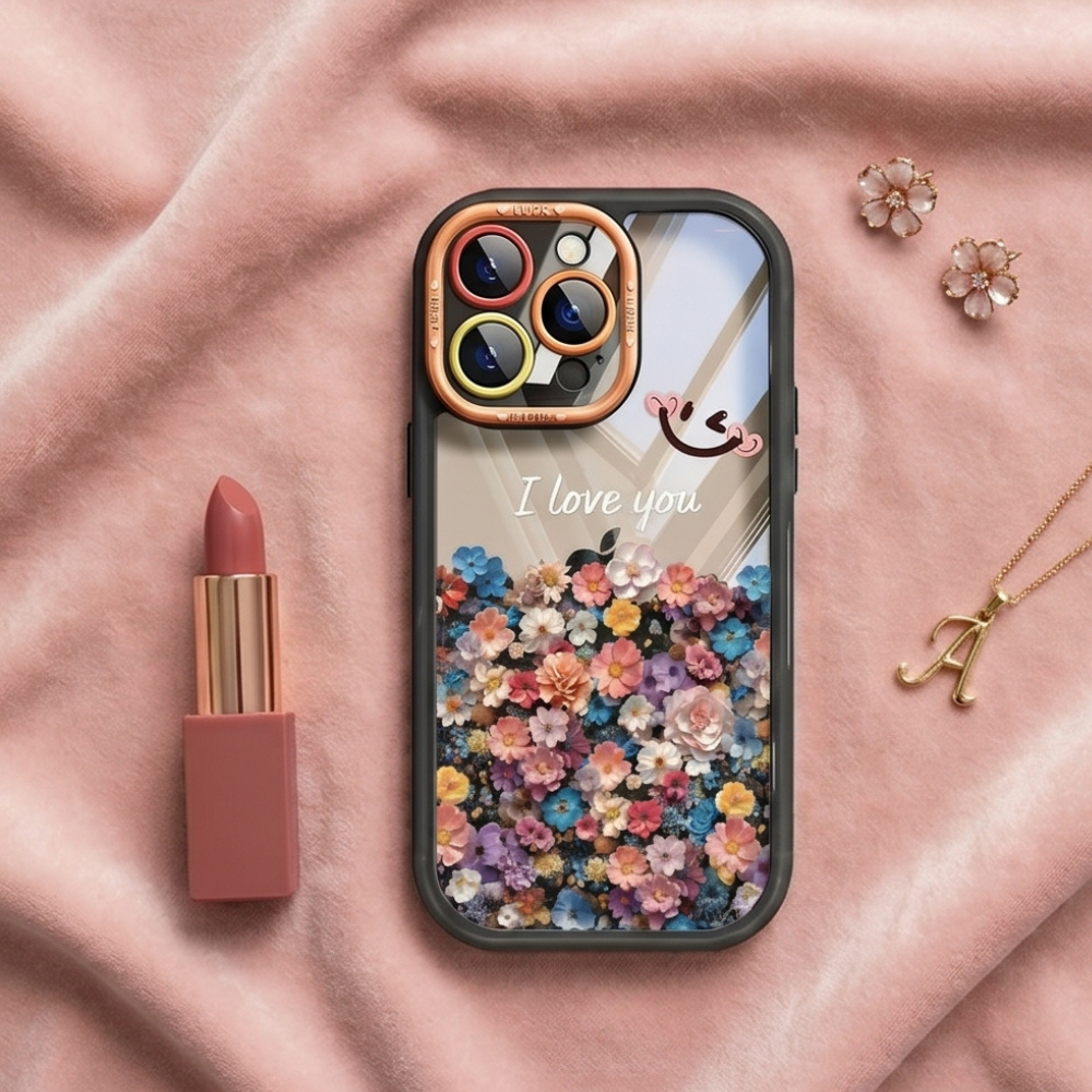 Transparent floral iPhone case with dried flowers and "I love you" text displayed on pink fabric with lipstick, gold necklace, and pearl earrings