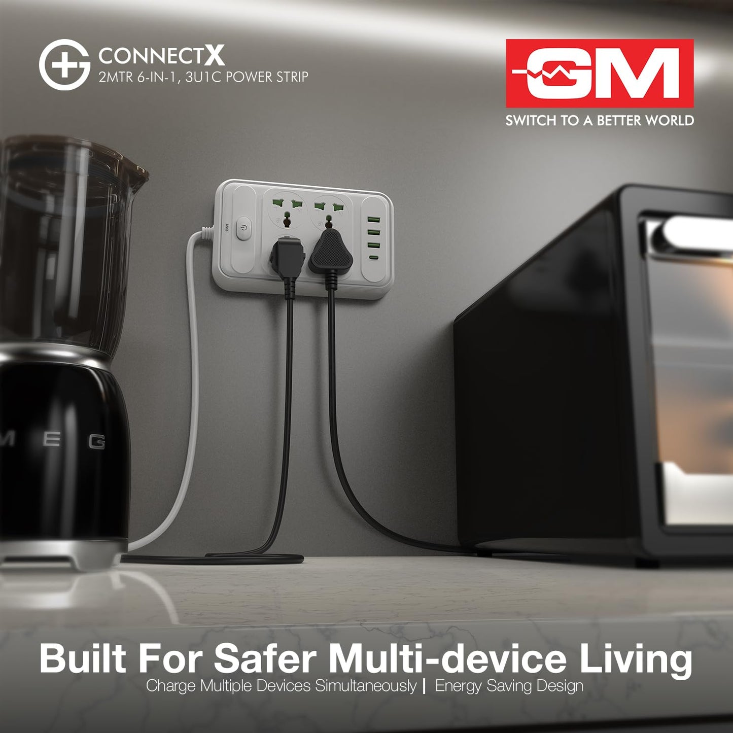 GM ConnectX 2 meter 6-in-1 power strip mounted on wall charging kitchen appliances with 4 sockets and USB ports