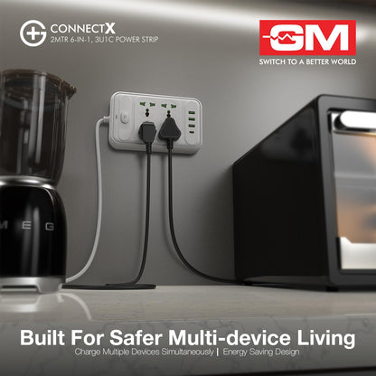 GM ConnectX 2 meter 6-in-1 power strip mounted on wall charging kitchen appliances with 4 sockets and USB ports