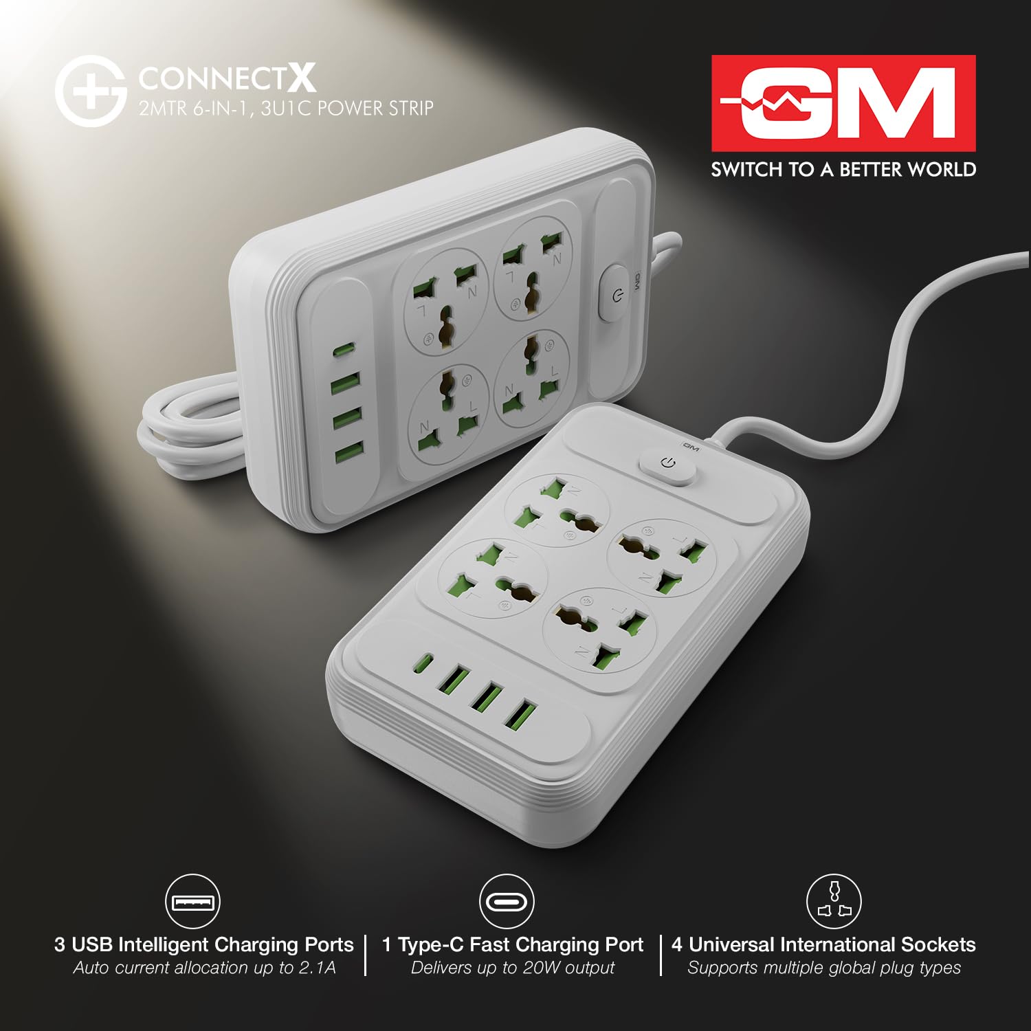 GM ConnectX power strip with 3 USB intelligent charging ports 1 Type-C fast charging port and 4 universal international sockets