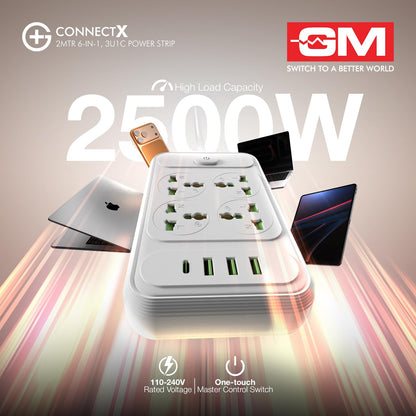 GM ConnectX 6-in-1 power strip rated 2500W high load capacity charging laptop phone and tablet at 110-240V