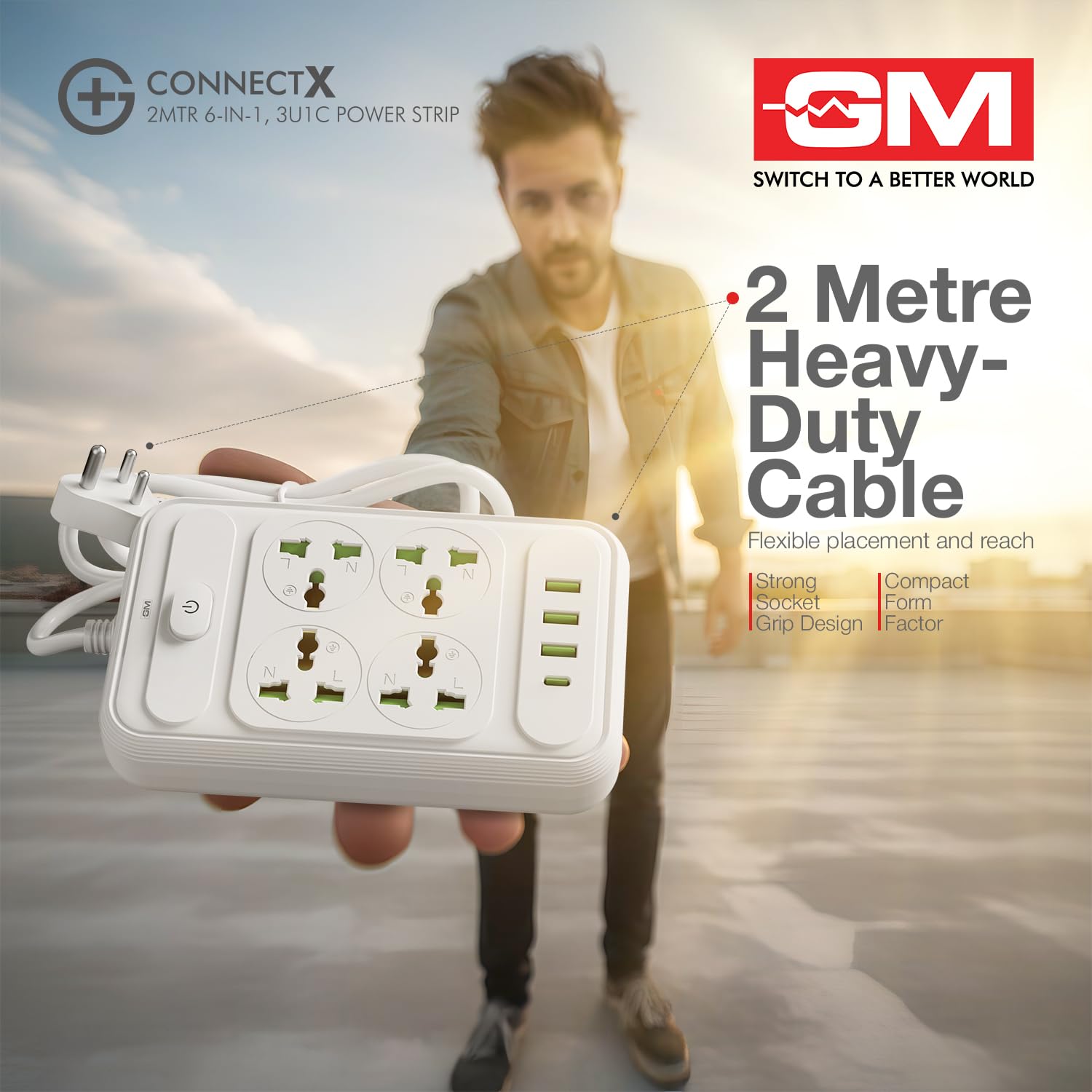 GM ConnectX power strip held in hand showing 2 meter heavy-duty cable and compact socket grip design