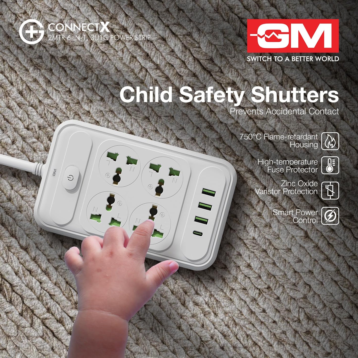 GM ConnectX power strip child safety shutters preventing accidental contact with flame retardant housing