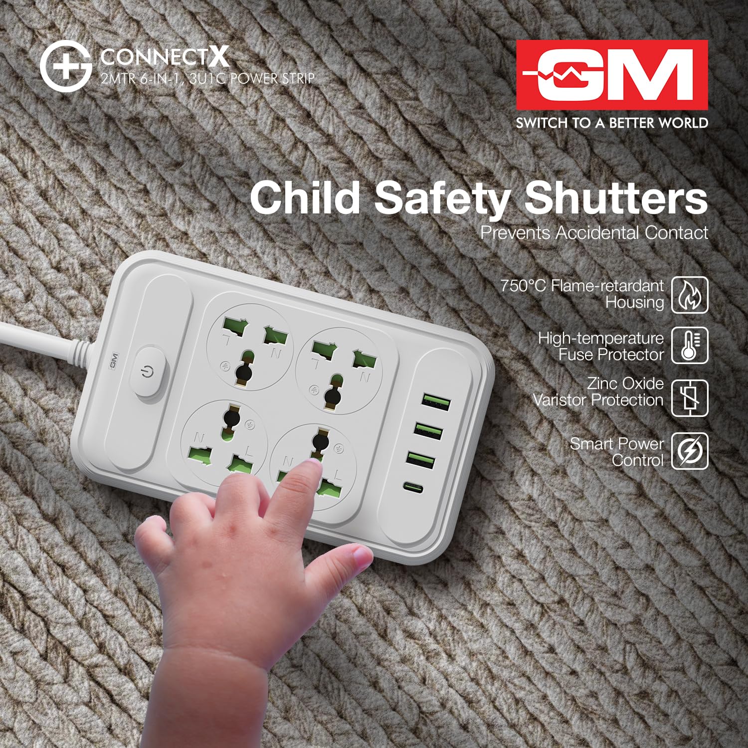 GM ConnectX power strip child safety shutters preventing accidental contact with flame retardant housing