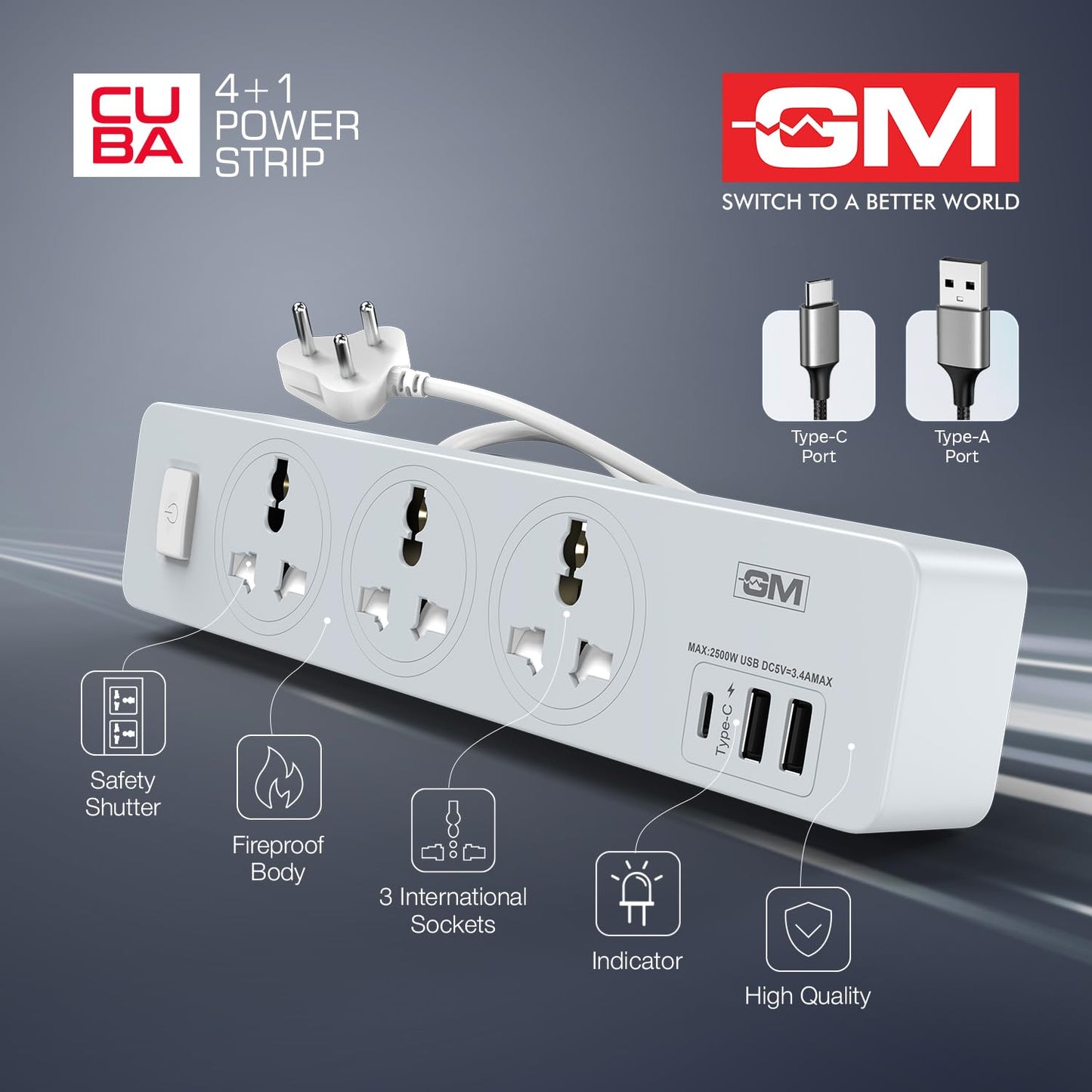 GM Cuba 4+1 power strip with safety shutter fireproof body 3 universal sockets Type-C and USB-A ports