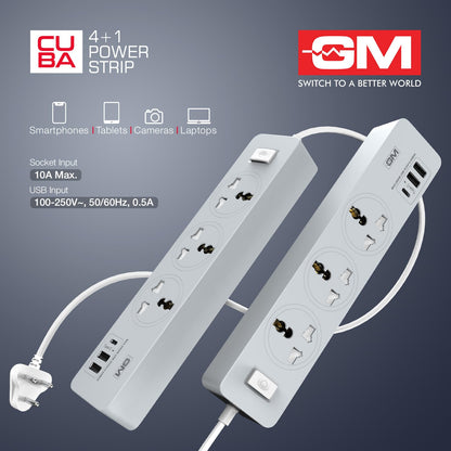 GM Cuba 4+1 power strip for smartphones tablets cameras and laptops rated 10A max with 100-250V USB input