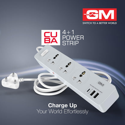 GM Cuba 4+1 power strip with Indian 3-pin plug and 1.8m cable, 3 universal sockets and USB Type-C ports