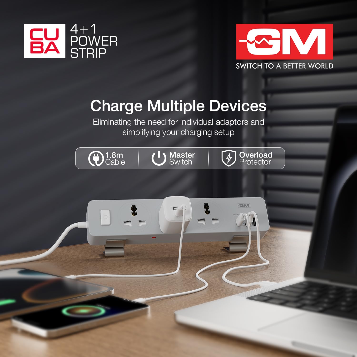 GM Cuba 4+1 power strip charging multiple devices with 1.8m cable master switch and overload protector