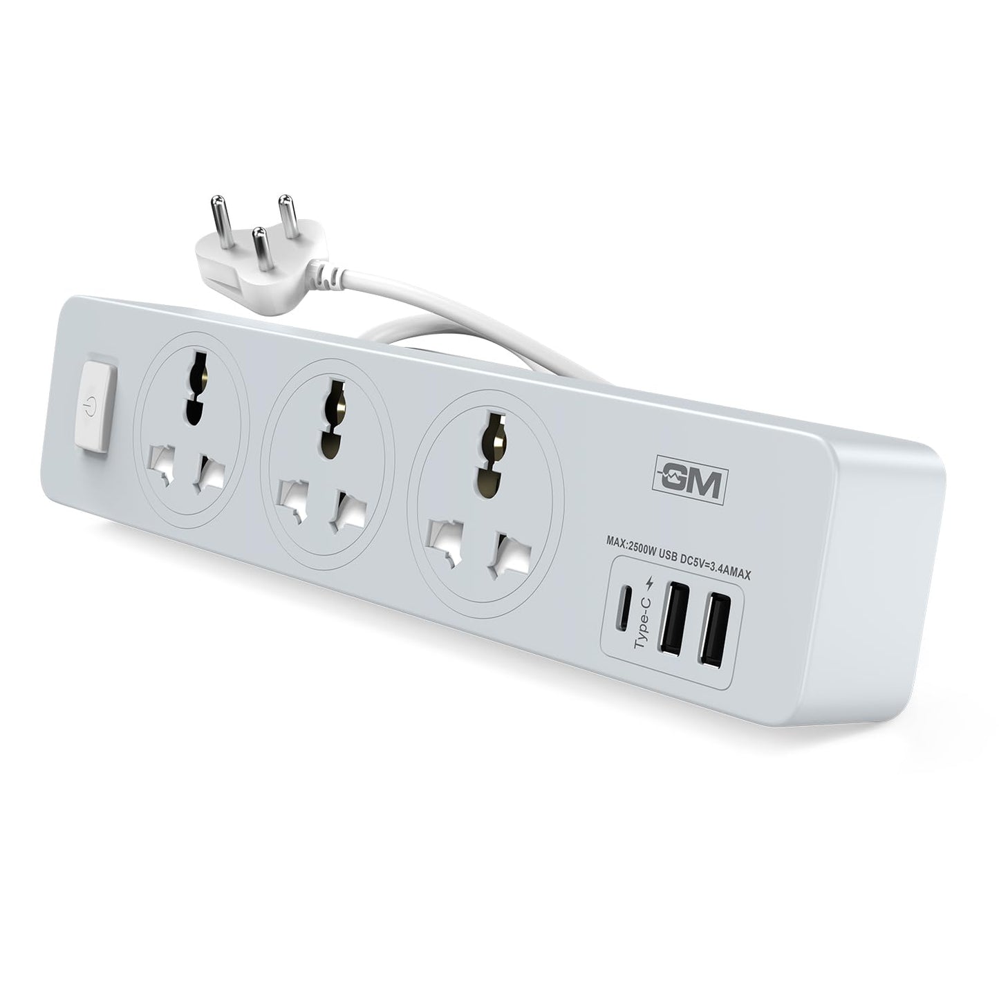 GM Cuba 4+1 power strip with 3 universal sockets Type-C port and dual USB-A ports on white background
