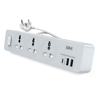 GM Cuba 4+1 power strip with 3 universal sockets Type-C port and dual USB-A ports on white background