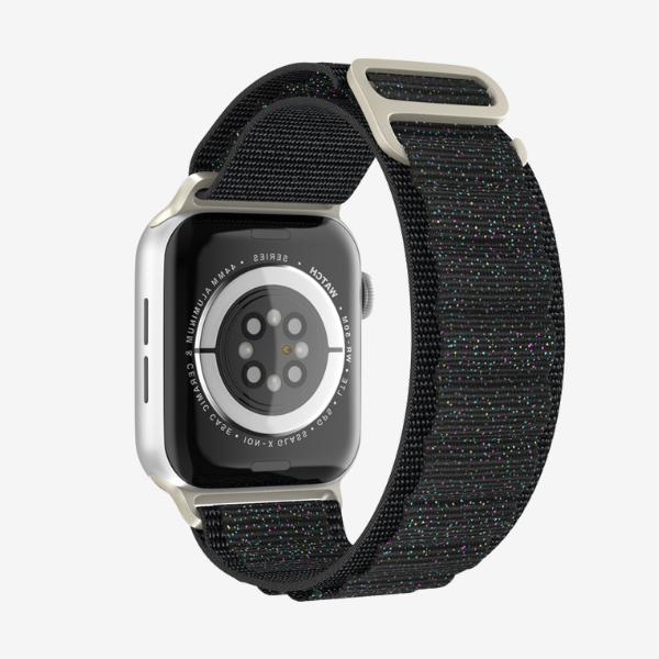 GRUNX Galaxy black dots Apple Watch band on wrist showing minimalist sophisticated design Indian office professional