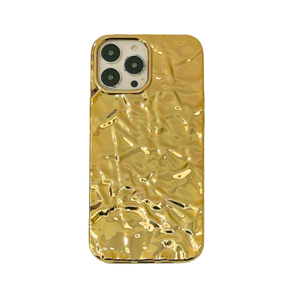  A shiny gold iPhone case displayed for sale on Grunxstore, showcasing its sleek and reflective surface.