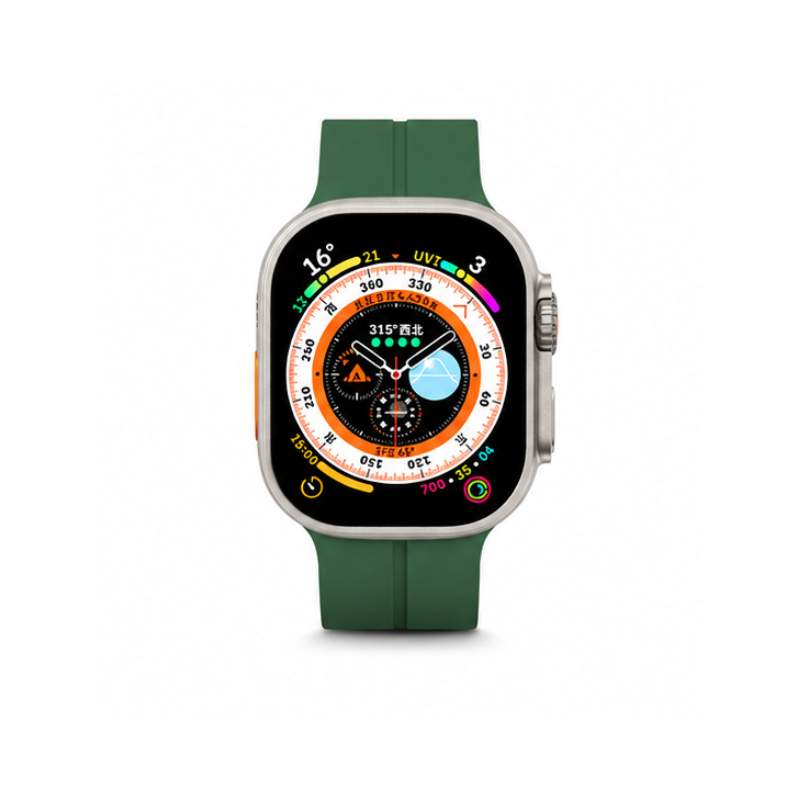 Front product view of Apple Watch Ultra with forest green silicone sport band on a white background