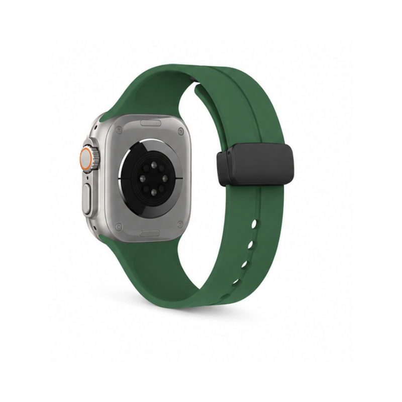 Front product view of standard Apple Watch with forest green silicone sport band on a white background