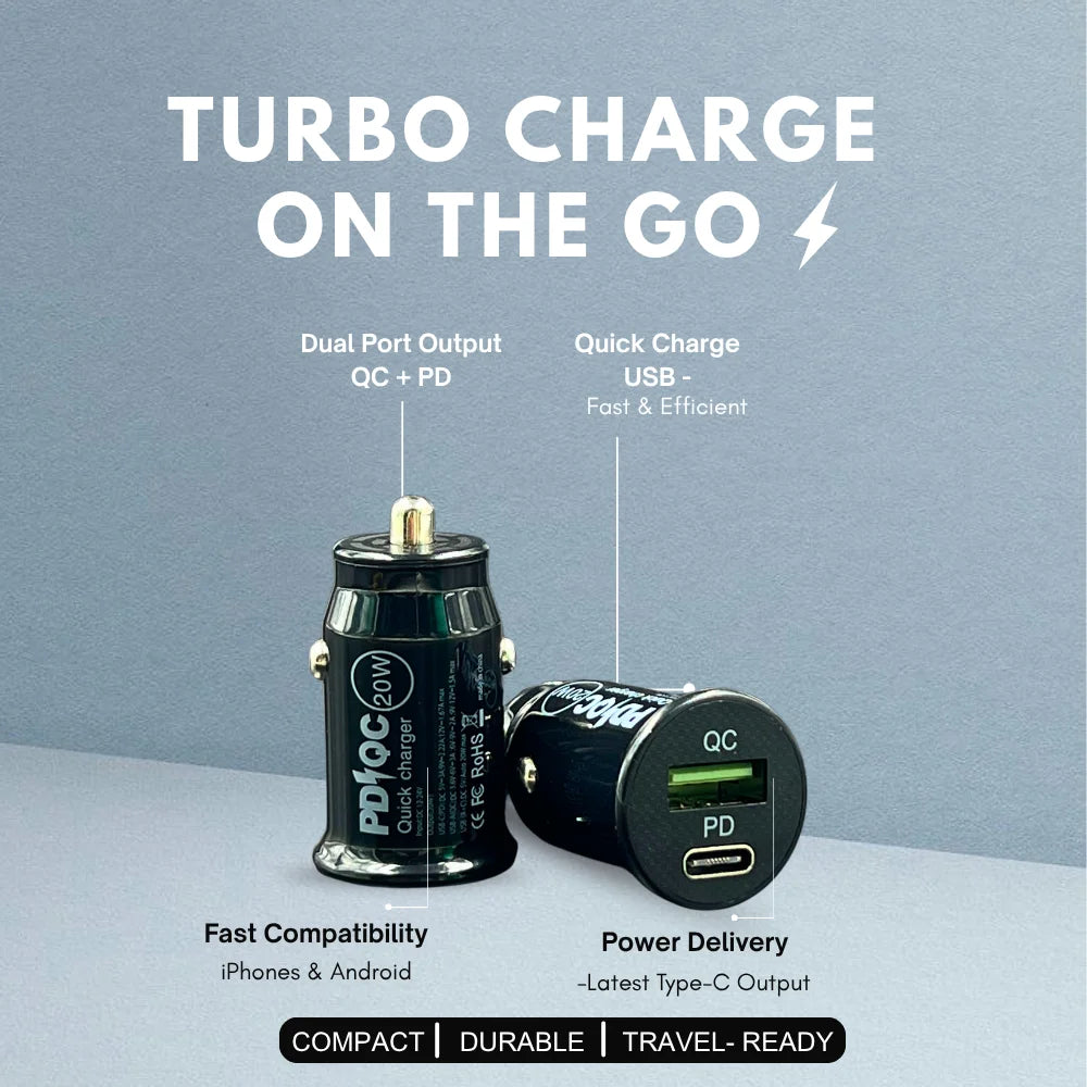 Close-up of GRUNX Cool 20W dual port car charger USB-C PD and USB-A ports smart IC chip compact black design