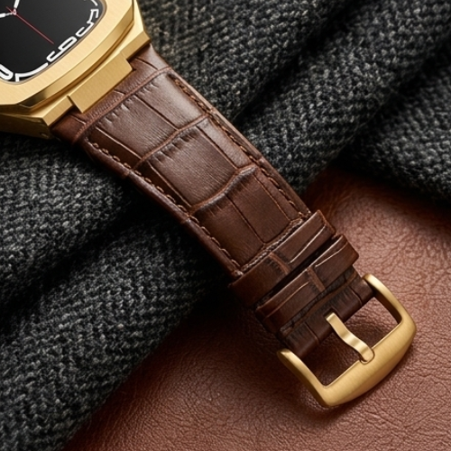 Close-up of a brown crocodile-embossed leather band with a gold pin buckle clasp laid on a dark textured fabric surface