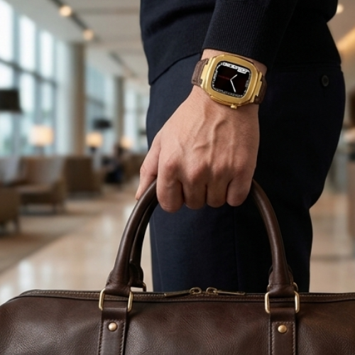 Person in a business suit carrying a leather bag wearing Apple Watch with gold case and brown crocodile leather band in an office setting