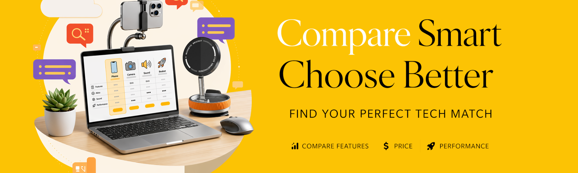 Smart tech product comparison page banner featuring laptop, smartphone, and accessories setup, highlighting compare features, price, and performance to choose the best tech products online | GrunX