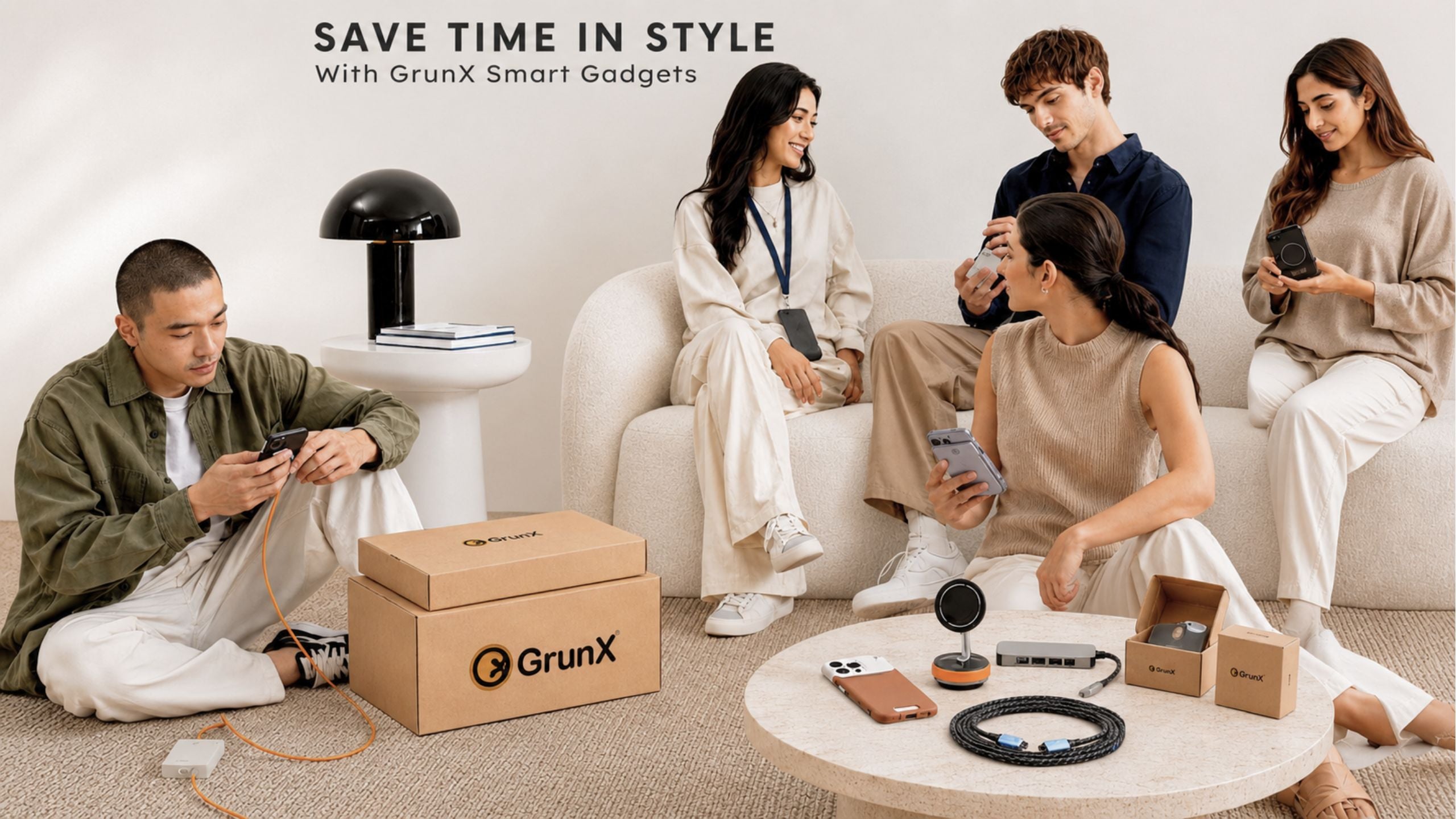 Young adults using GrunX smart gadgets and mobile accessories including charging cables, Metal phone cases and power banks in a modern lifestyle setting