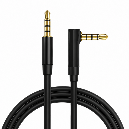 GrunX black 3.5mm to 3.5mm aux audio cable with gold-plated right-angle connector for headphones and speakers