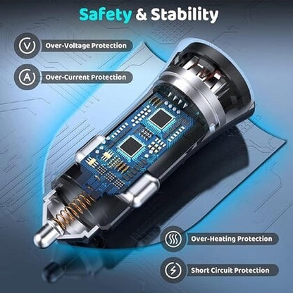 Close-up of GRUNX Cool 2.0 dual port car charger smart IC chip protection USB-C USB-A premium metallic alloy body