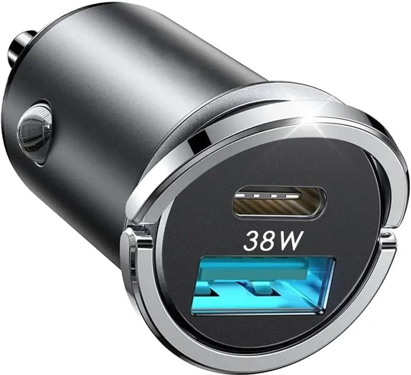 Close-up of GRUNX Cool 2.0 dual port car charger smart IC chip protection USB-C USB-A premium metallic alloy body