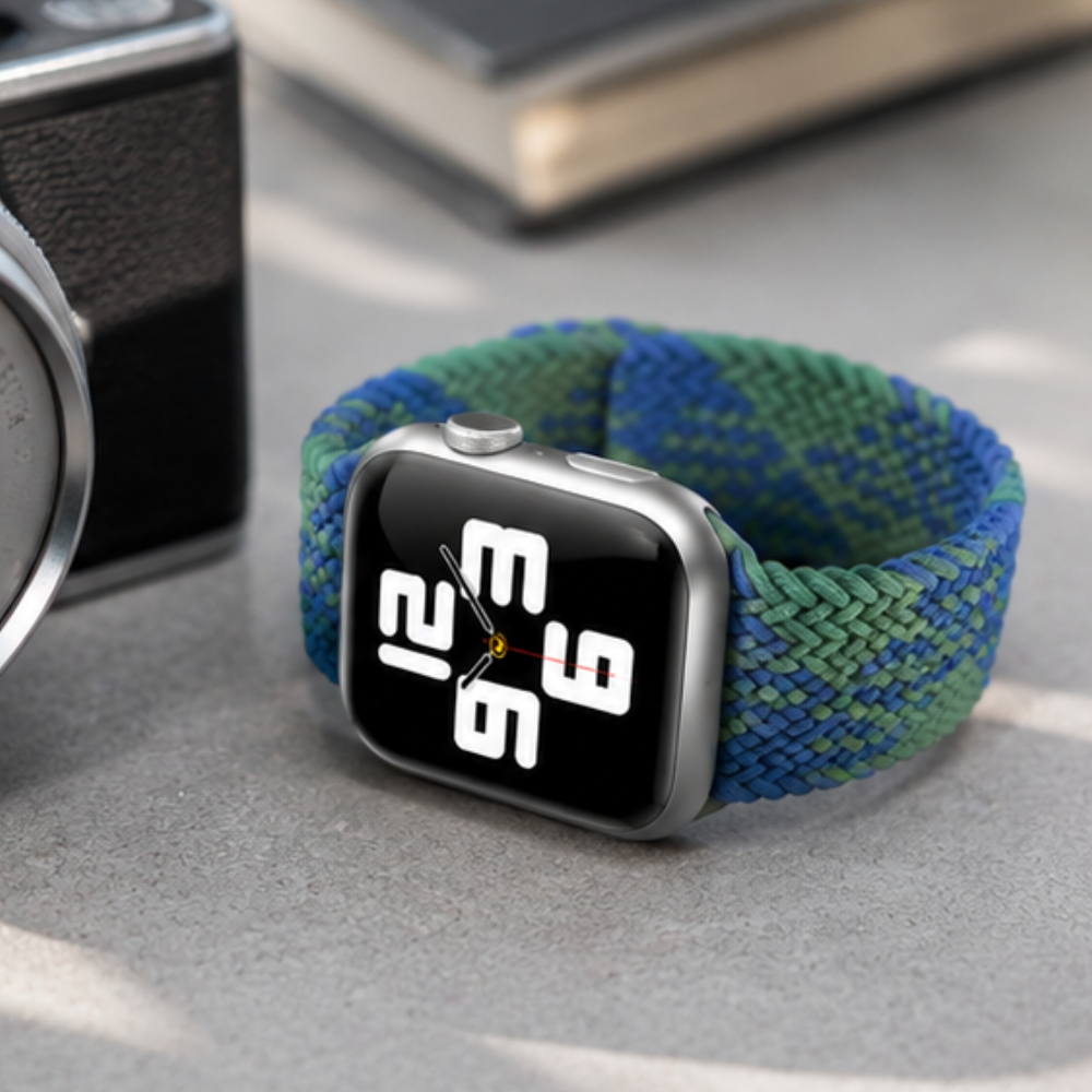Apple Watch with blue and green braided solo loop band placed on a light surface beside a book and stationery items