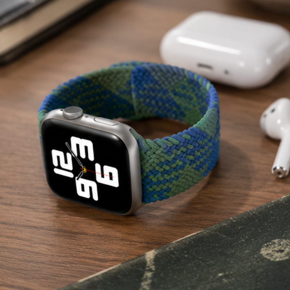 Apple Watch with blue and green braided solo loop band placed on a wooden surface beside AirPods case