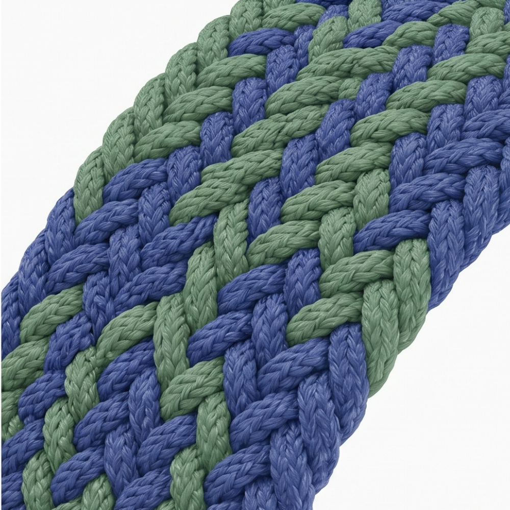 Close-up texture shot of the blue and green braided solo loop band showing the detailed diagonal woven pattern