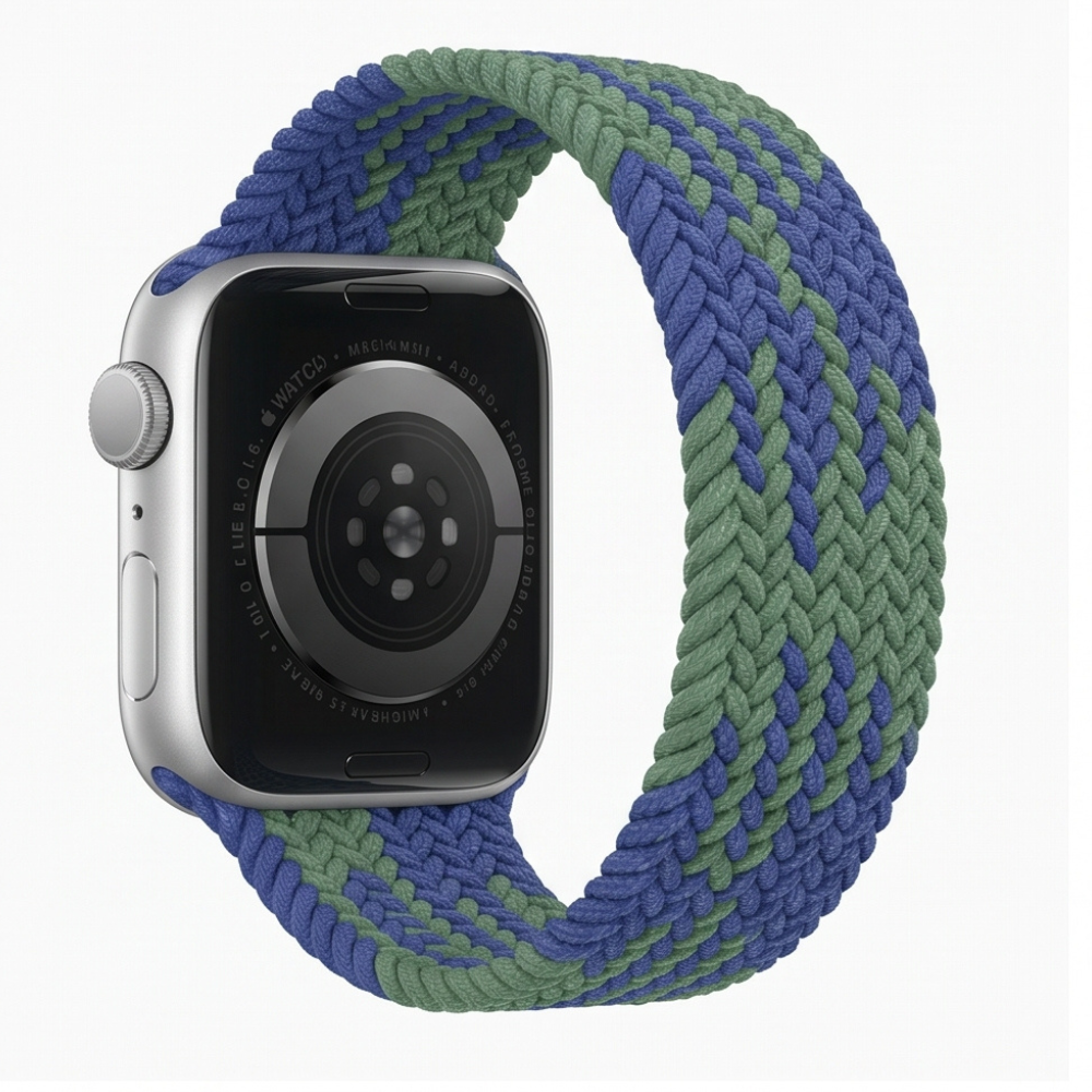 Side profile product view of Apple Watch with silver case and blue and green braided solo loop band on a white background