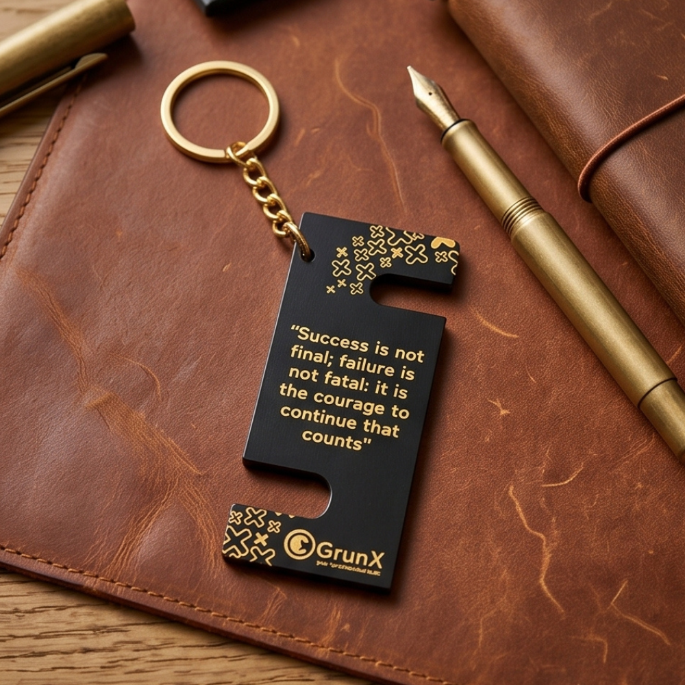 Mobile Stand and Keychain Smartphones  Adjustable Black & Yellow Stand keychain with a motivational quote and a QR code Pushpa Grunx in India