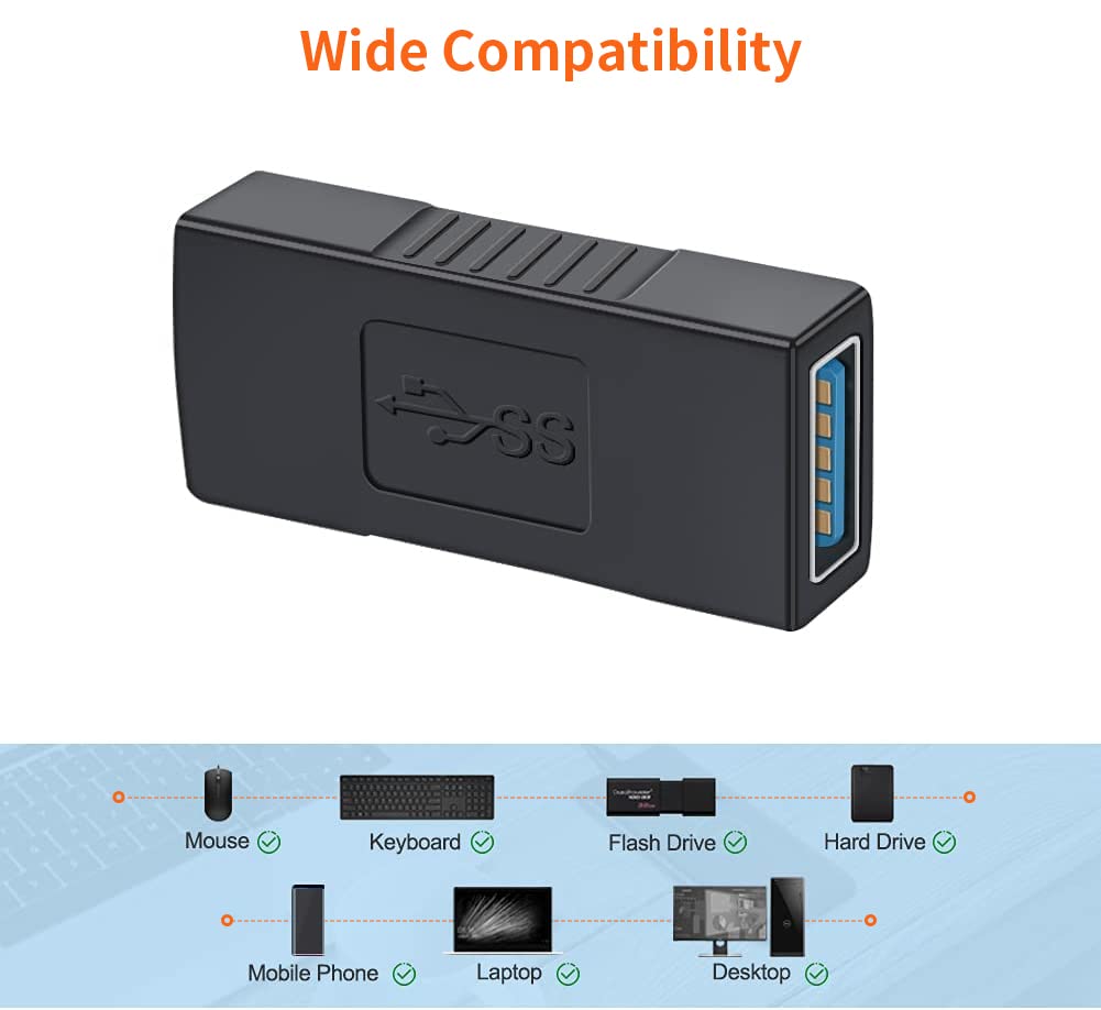 USB 3.0 Female to Female Coupler Adapter wide compatibility with mouse keyboard flash drive hard drive mobile phone laptop and desktop 