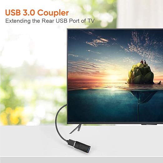 USB 3.0 Coupler Adapter extending rear USB port of smart TV for flash drive connectivity