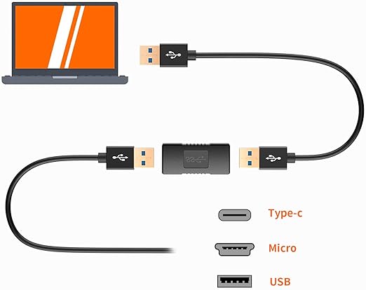 USB 3.0 Female to Female Coupler connecting two USB cables from laptop supporting Type-C Micro and USB connectors