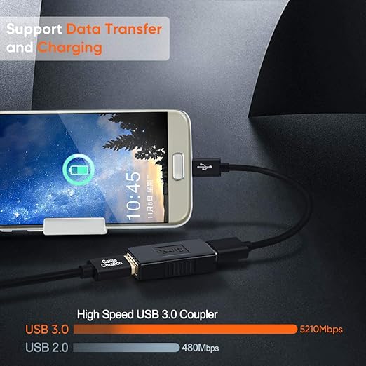 High Speed USB 3.0 Female Coupler Adapter supporting 5210Mbps data transfer and charging connected to Android smartphone
