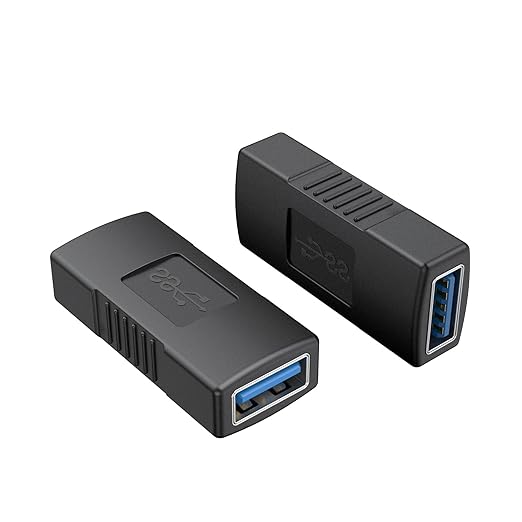 2-Pack USB 3.0 Female to Female Coupler Adapter in black with blue SuperSpeed USB 3.0 port front and back view