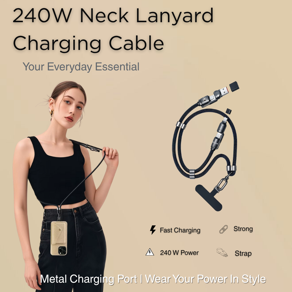 LASSO - 240W Neck Lanyard Charging Strap for Phone | Phone Strap Holder with Metal Charging Ports
