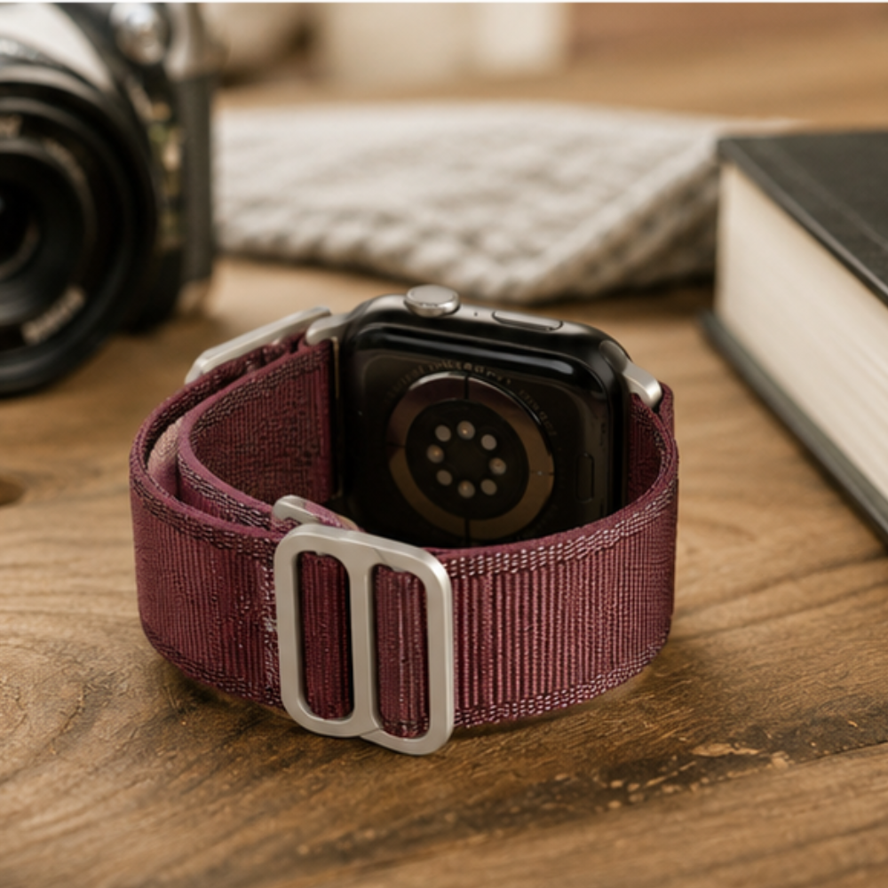 Close-up of Apple Watch Ultra with burgundy woven alpine loop band showing the silver G-hook buckle clasp detail, beside a book and keyboard