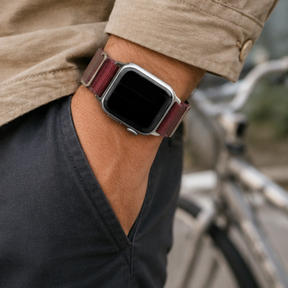 Person wearing Apple Watch Ultra with burgundy woven nylon alpine loop band, hands in pockets with casual outdoor outfit