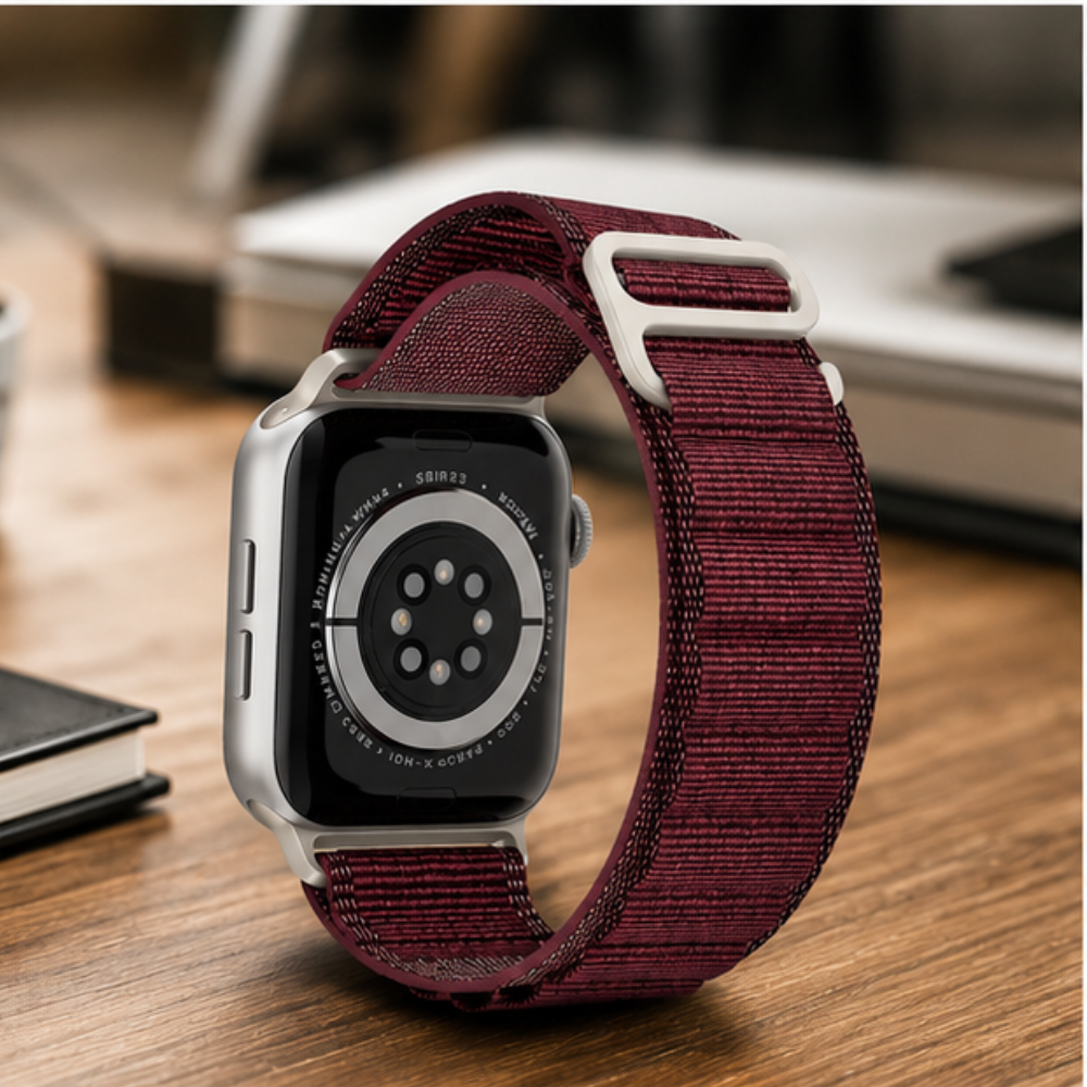 Apple Watch Ultra with burgundy woven alpine loop band placed on a wooden surface with a laptop in the background