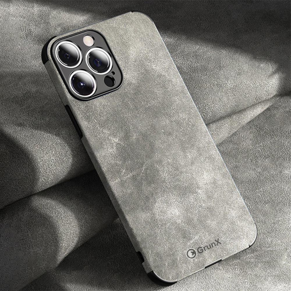 Lightweight lambskin iPhone case on table gray