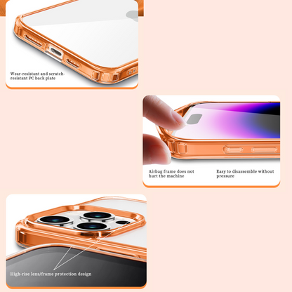 Lotus transparent case, detailing Airbag frame technology, wear-resistant PC back plate, and high-rise lens and drop protection case with stylish Rose Gold bumper and integrated ring kickstand iPhone 14.