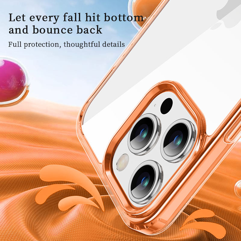  Lotus transparent case, detailing Airbag frame technology, wear-resistant PC back plate, and high-rise lens and drop protection case with stylish Rose Gold bumper and integrated ring kickstand iPhone 14.