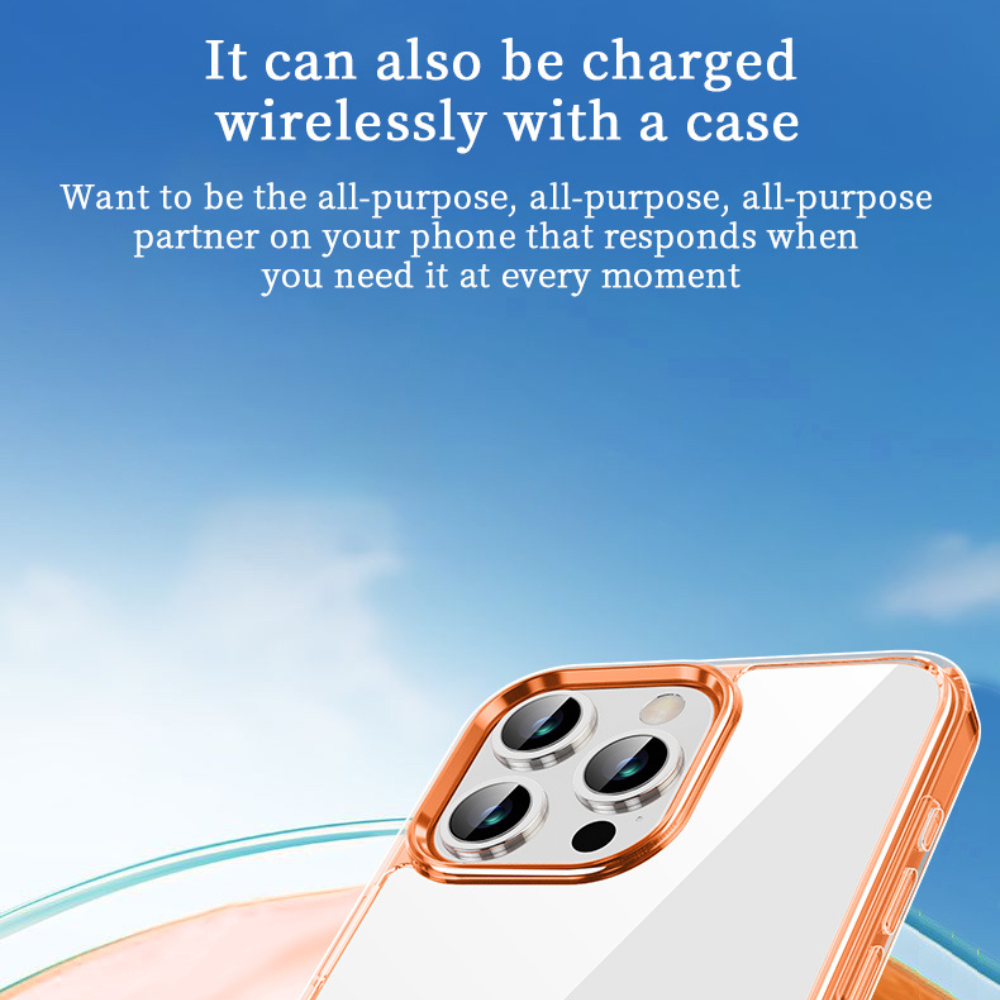 Feature infographic for the Lotus transparent case, detailing Airbag frame technology, wear-resistant PC back plate, and high-rise lens and frame drop protection for iPhone 14/15/16 series
