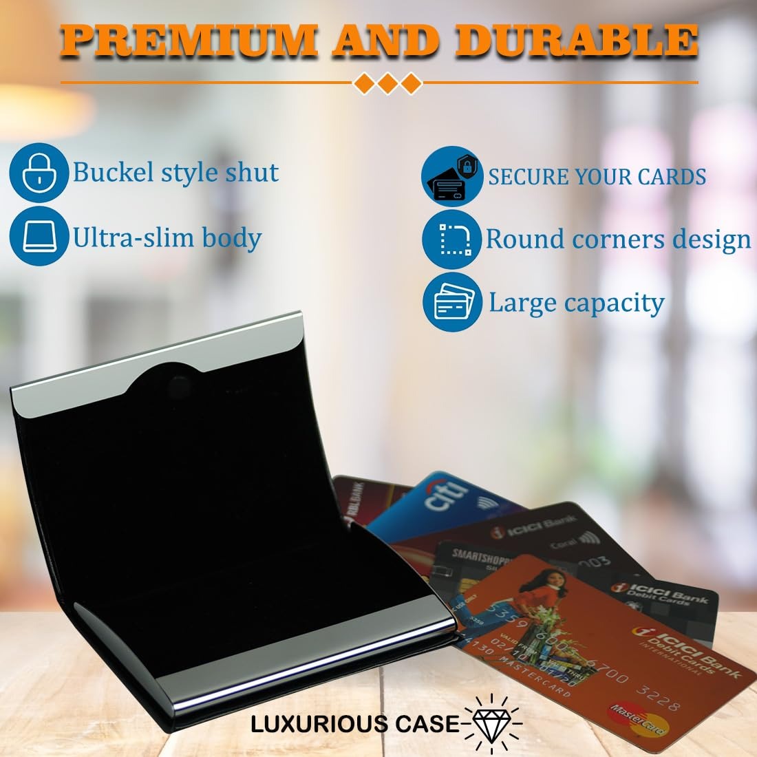Personalized Laser Engraved Business Card Holder Black Leather Stainless Steel Magnetic Closure Brand Name | Grunx Store