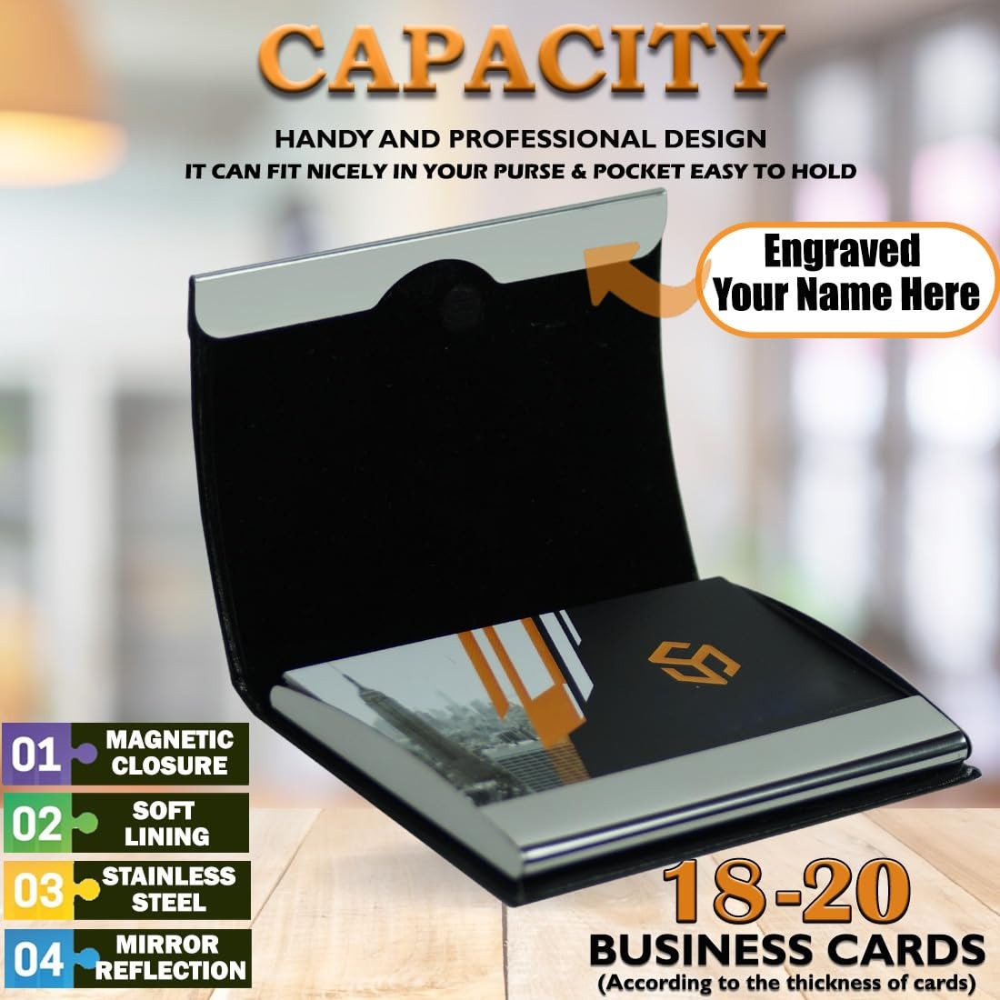 GRUNX Brand Name Engraved Slim Business Card Holder Black Leather Stainless Steel Magnetic