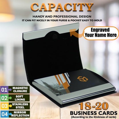 GRUNX Brand Name Engraved Slim Business Card Holder Black Leather Stainless Steel Magnetic