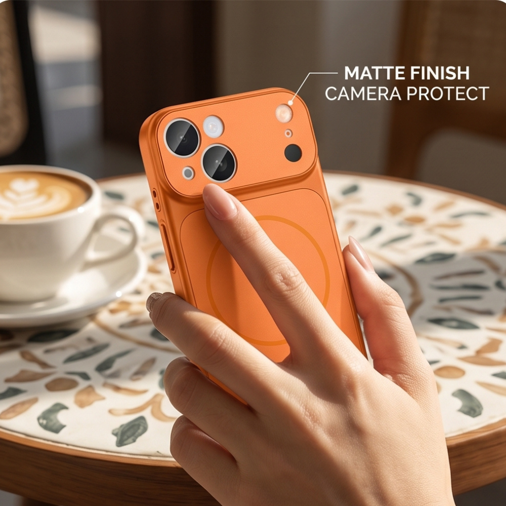 Orange iPhone case with matte finish camera protection held in hand next to coffee cup, showing durable design