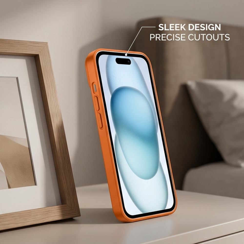 Sleek orange iPhone case with precise cutouts displayed on desk next to wooden picture frame